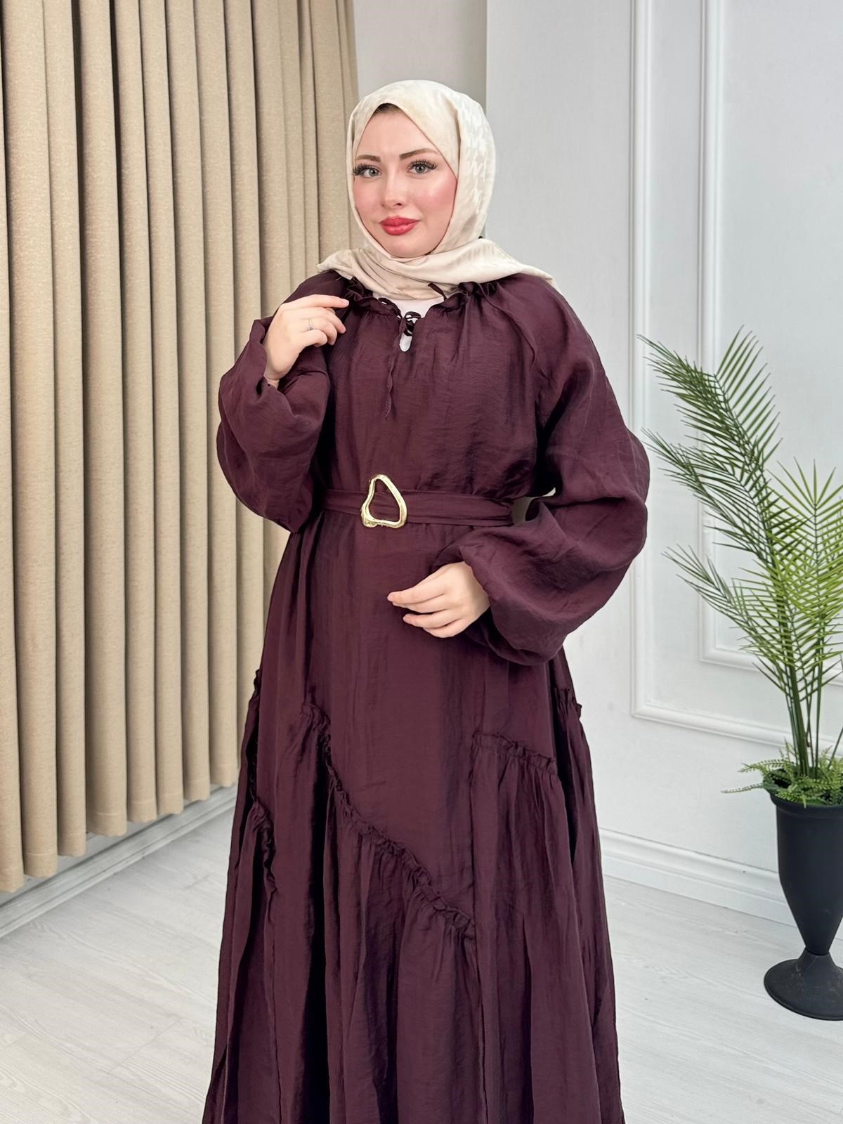 Lr5302-Noura Kemerli Maxi Elbise-Mürdüm