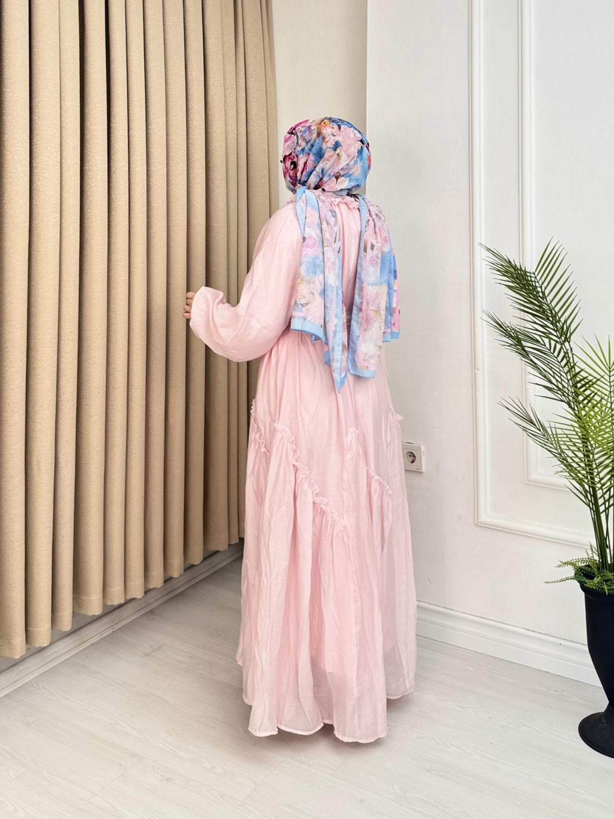 Lr5302-Noura Kemerli Maxi Elbise-Pembe