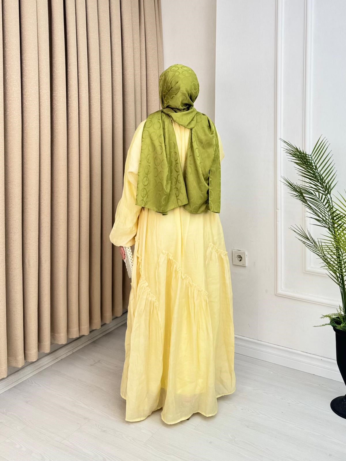 Lr5302-Noura Kemerli Maxi Elbise-Sarı