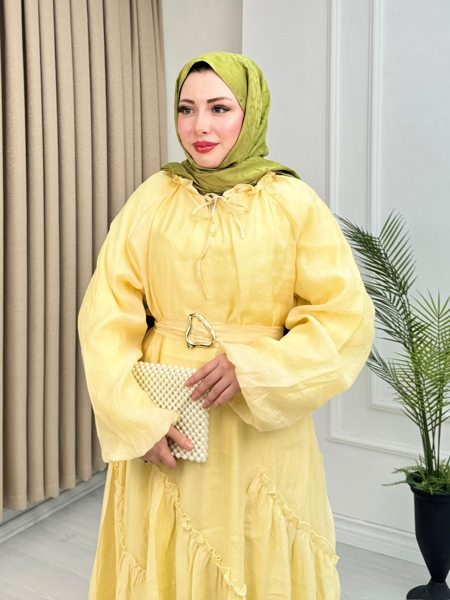 Lr5302-Noura Kemerli Maxi Elbise-Sarı