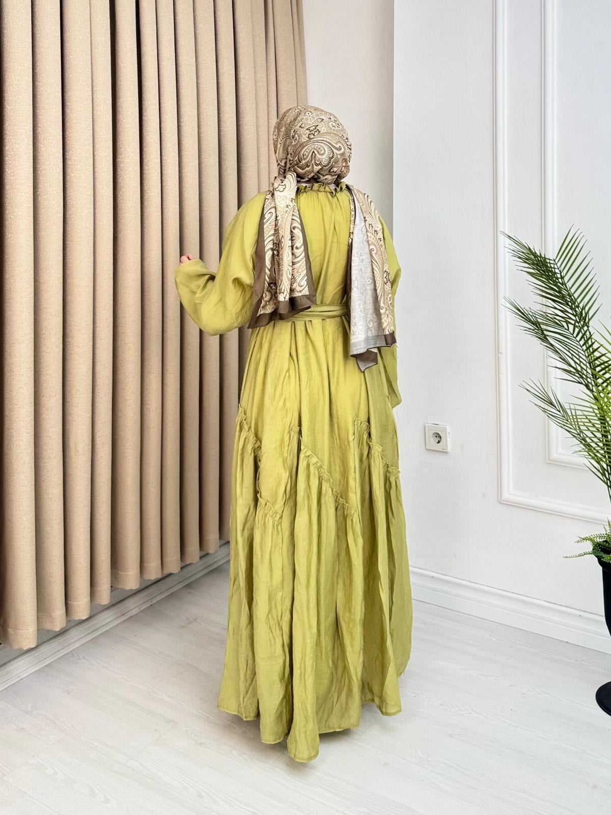 Lr5302-Noura Kemerli Maxi Elbise-Yeşil
