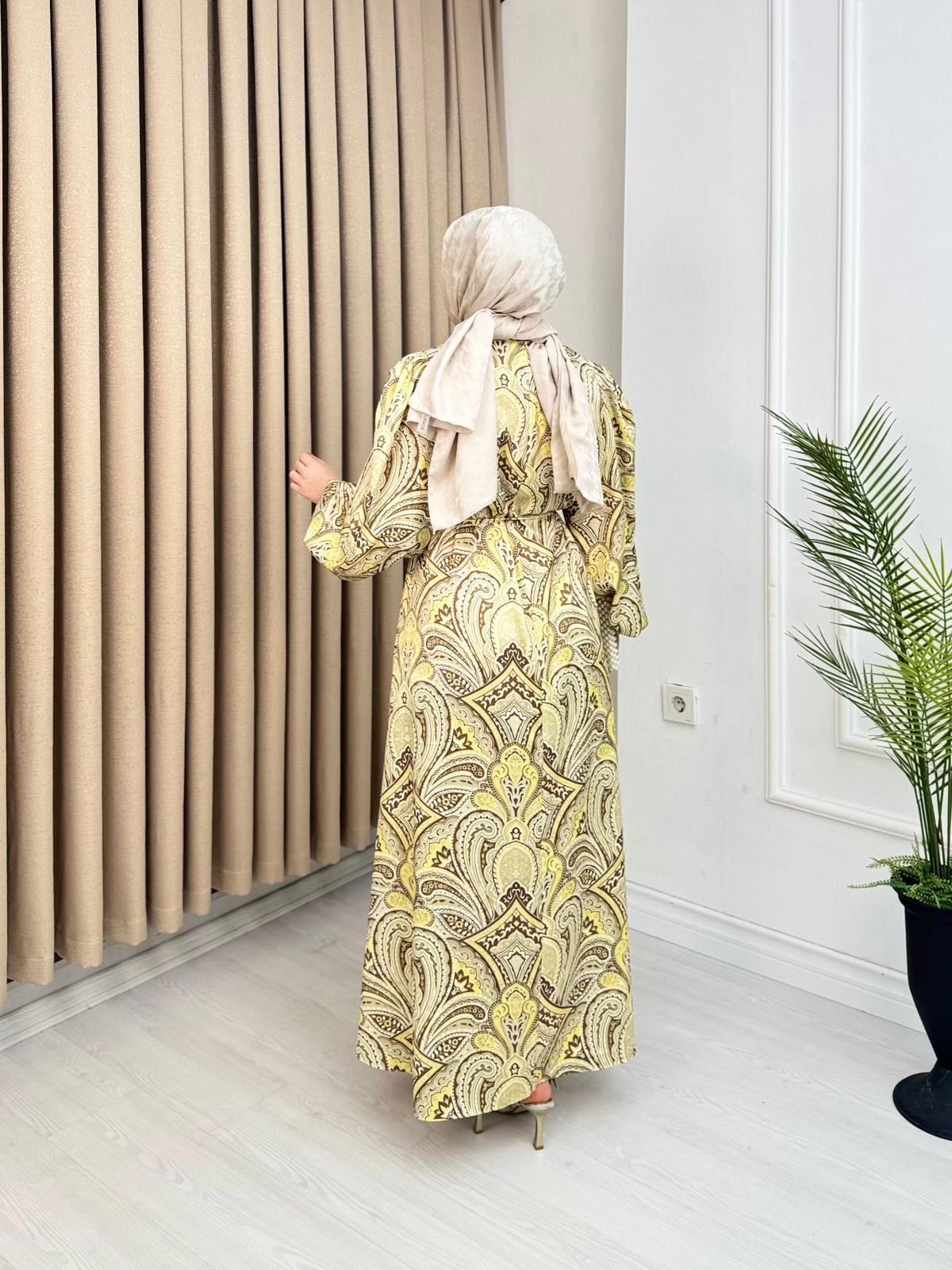 Lw2567-Kayra İpek Saten Elbise-Sarı