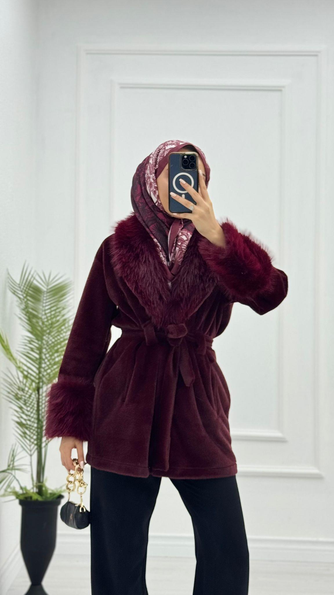 Mx0144-Elegant Kürk Kaban-Bordo