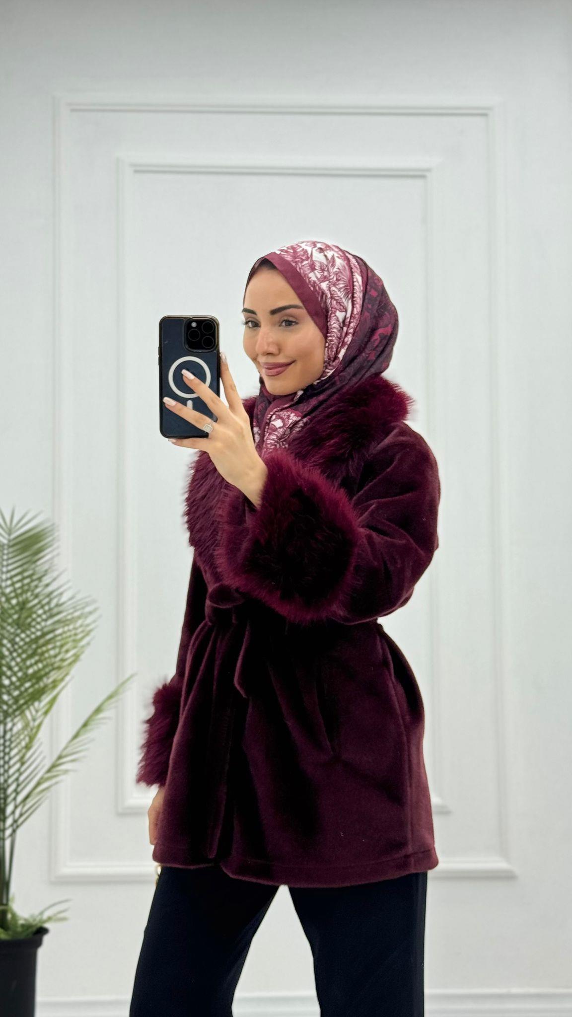Mx0144-Elegant Kürk Kaban-Bordo