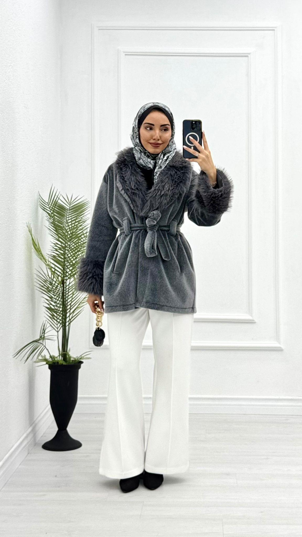 Mx0144-Elegant Kürk Kaban-Gri