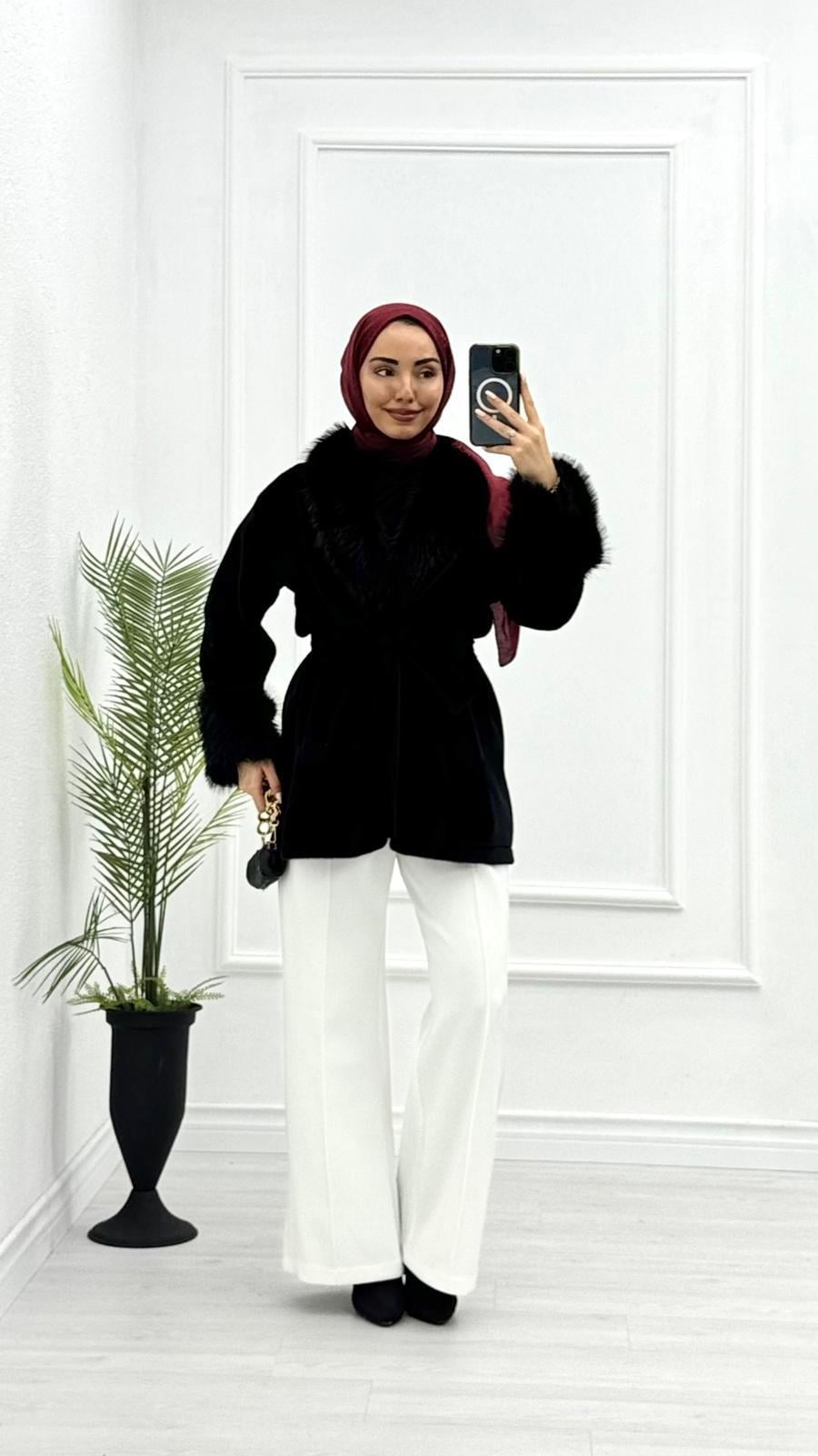Mx0144-Elegant Kürk Kaban-Siyah