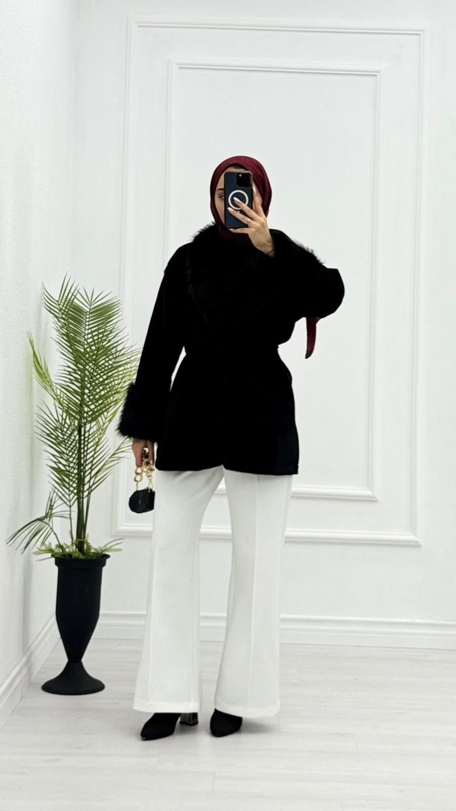 Mx0144-Elegant Kürk Kaban-Siyah