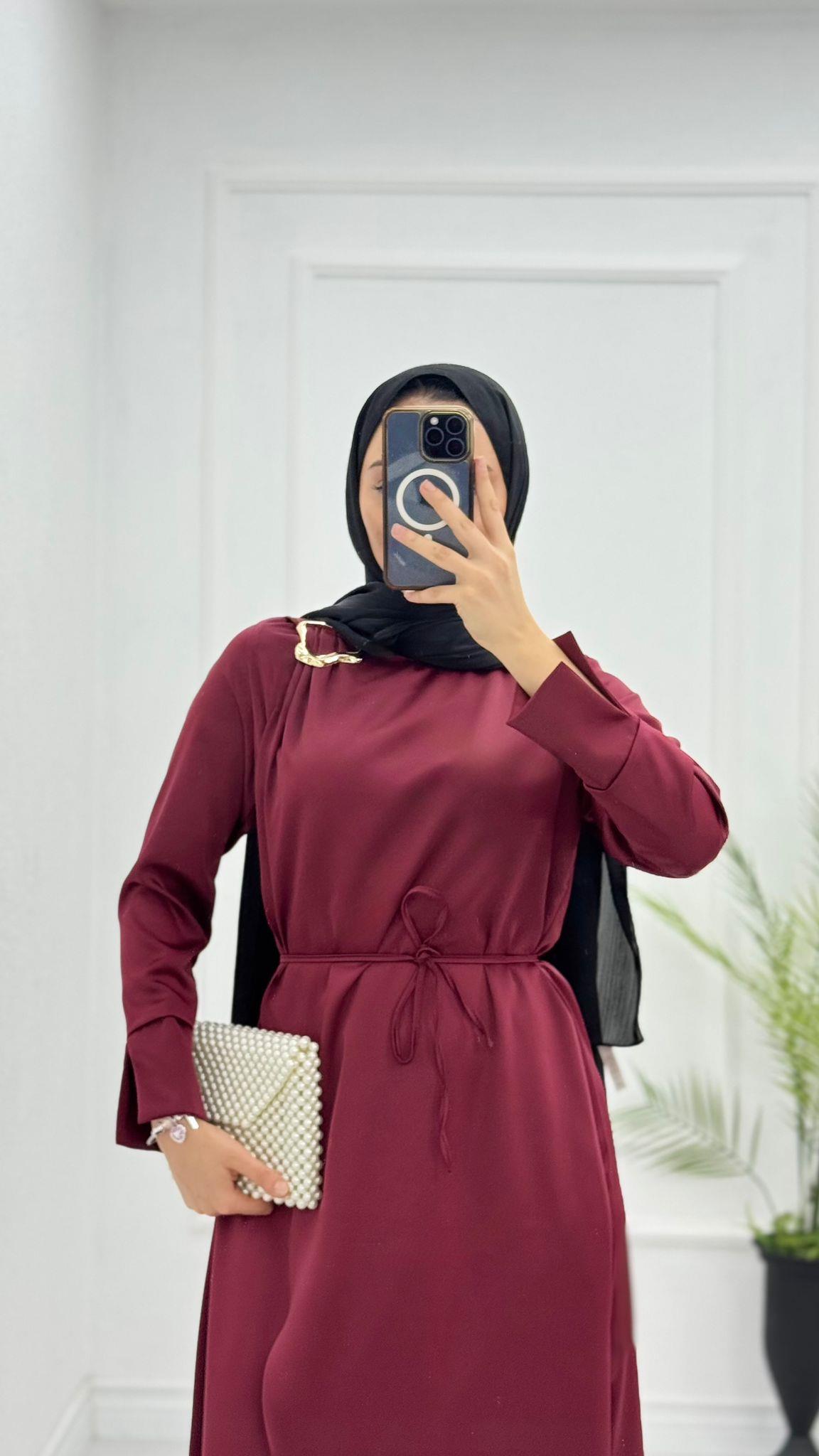 Mx3339-Saten Elbise-Bordo