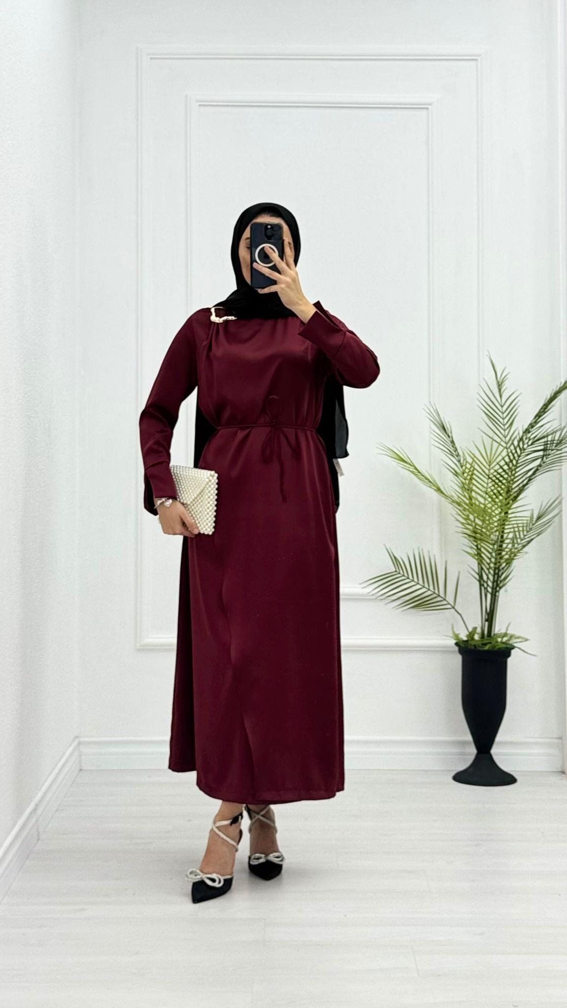 Mx3339-Saten Elbise-Bordo
