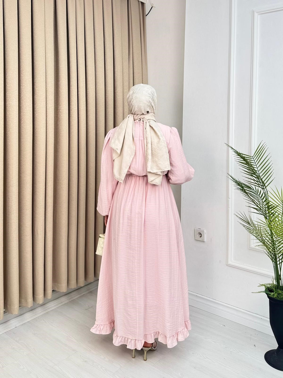 Pg5299-Etek Ucu Fırfırlı Elbise-Pembe