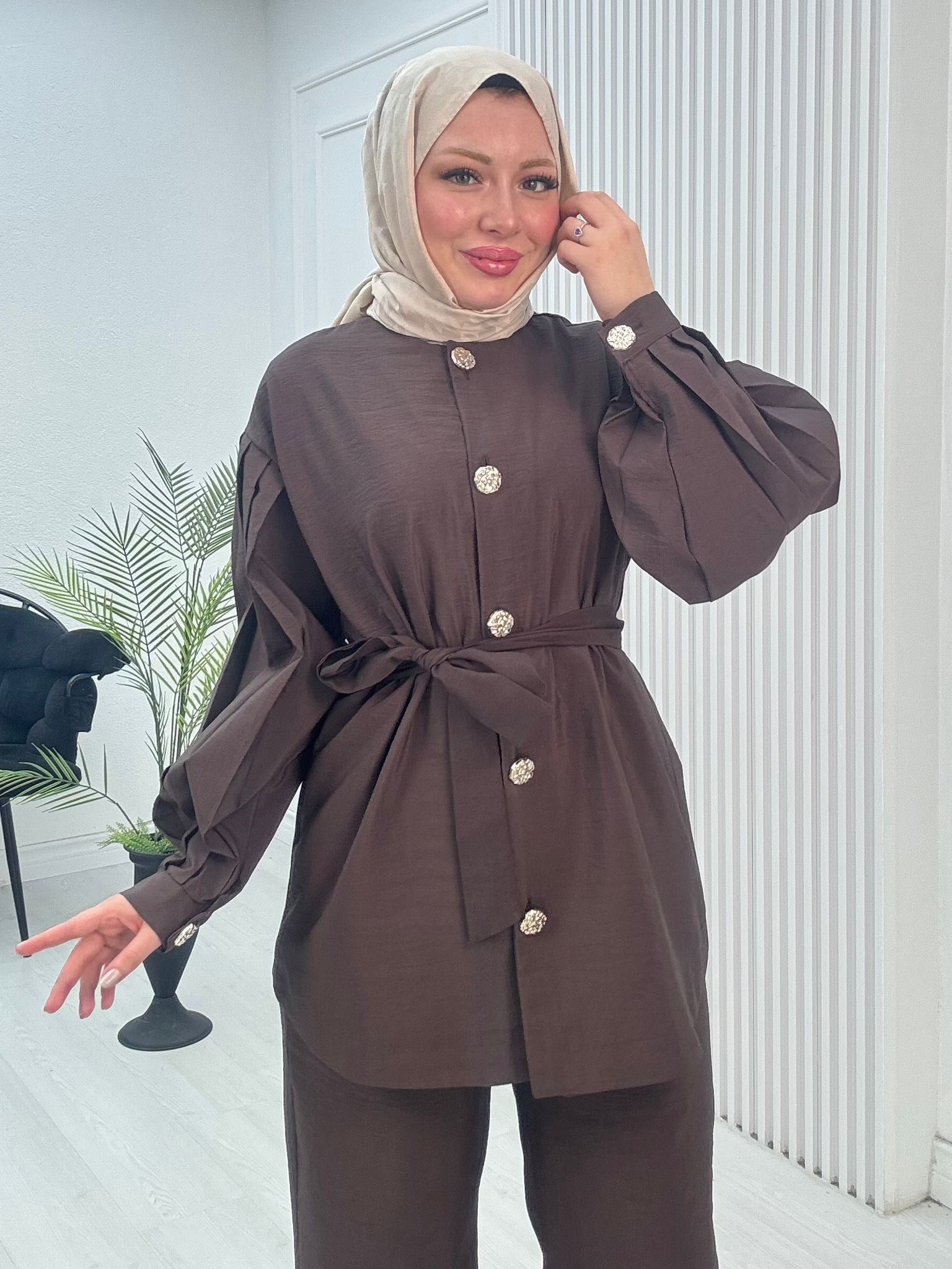 Pr3634-Cupra Dubai Pantolonlu Takım-Kahverengi