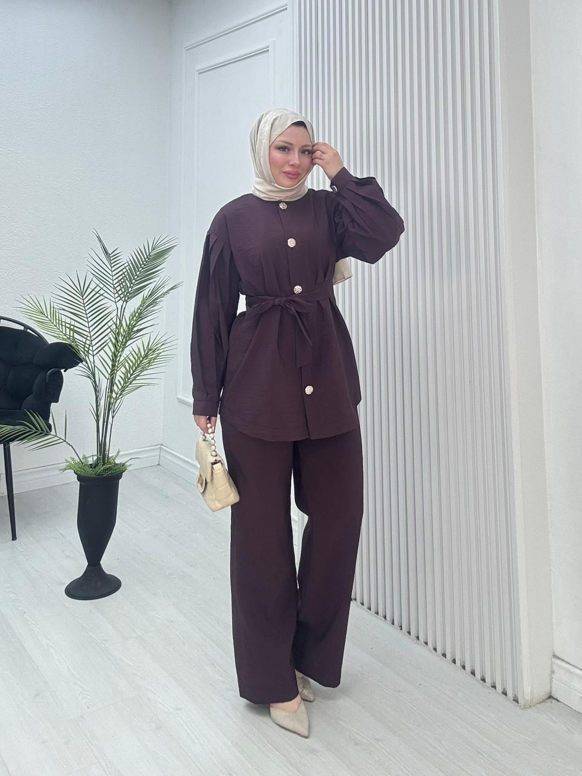 Pr3634-Cupra Dubai Pantolonlu Takım-Mürdüm