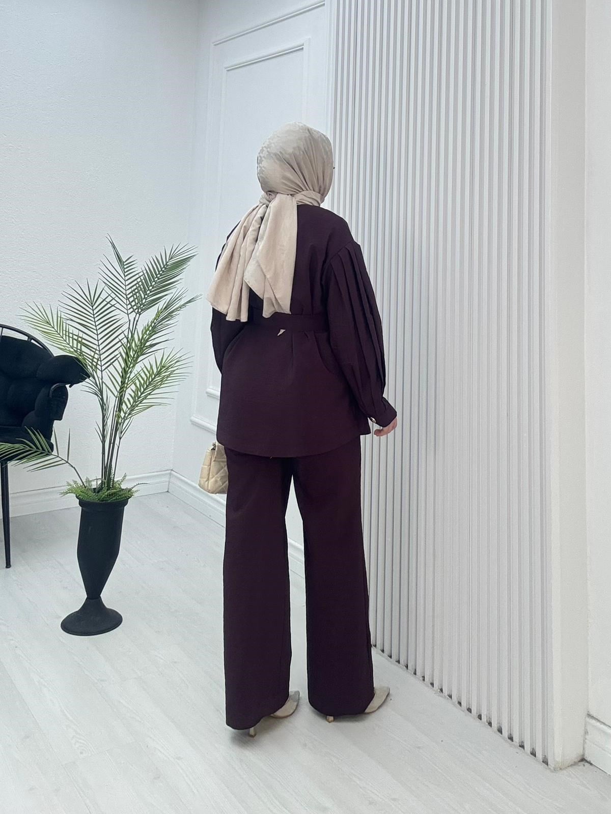 Pr3634-Cupra Dubai Pantolonlu Takım-Mürdüm
