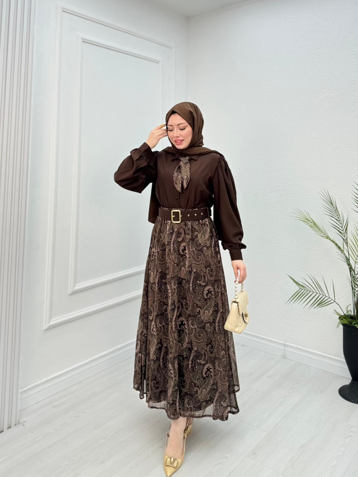 Qb3456-Maria Etek Takım-Kahverengi