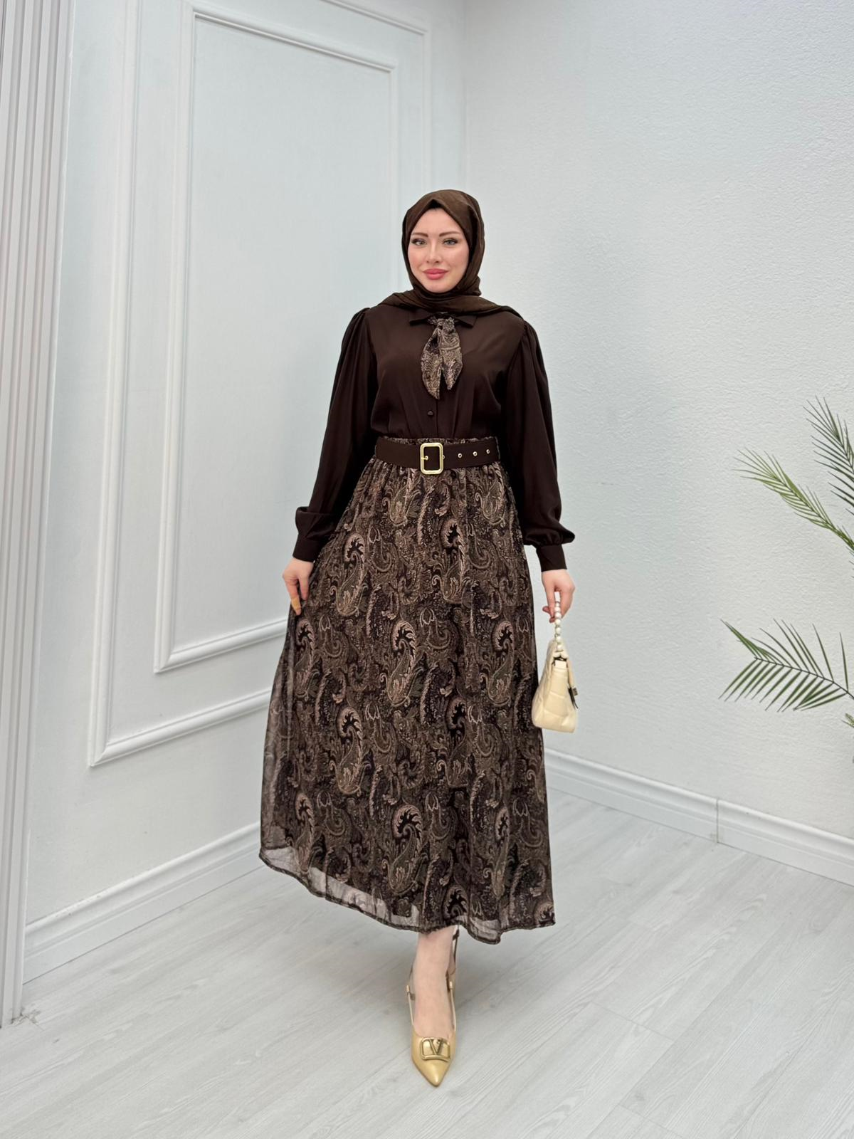 Qb3456-Maria Etek Takım-Kahverengi