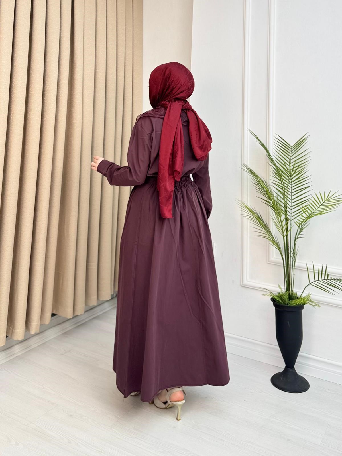 Qr3426-Dantel Yakalı Etekli Takım-Mürdüm