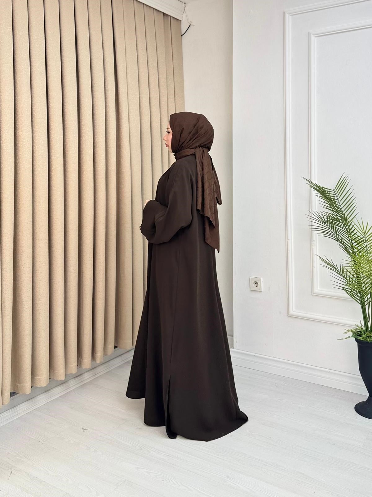 Qv2557-Abaya Elbise-Kahverengi