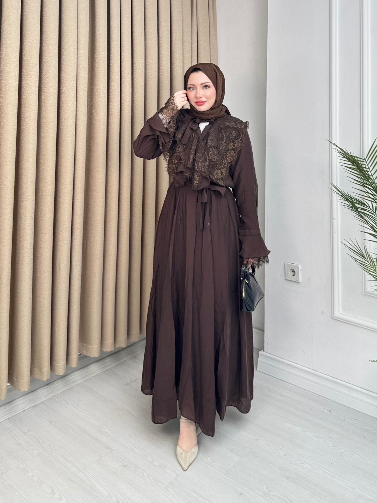 Qw5297-Dantelli Vual Elbise-Kahverengi