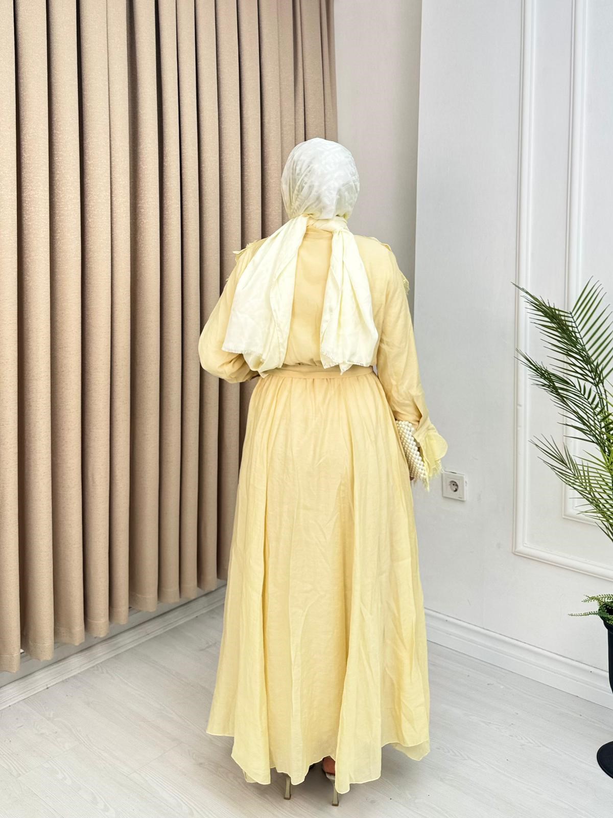 Qw5297-Dantelli Vual Elbise-Sarı