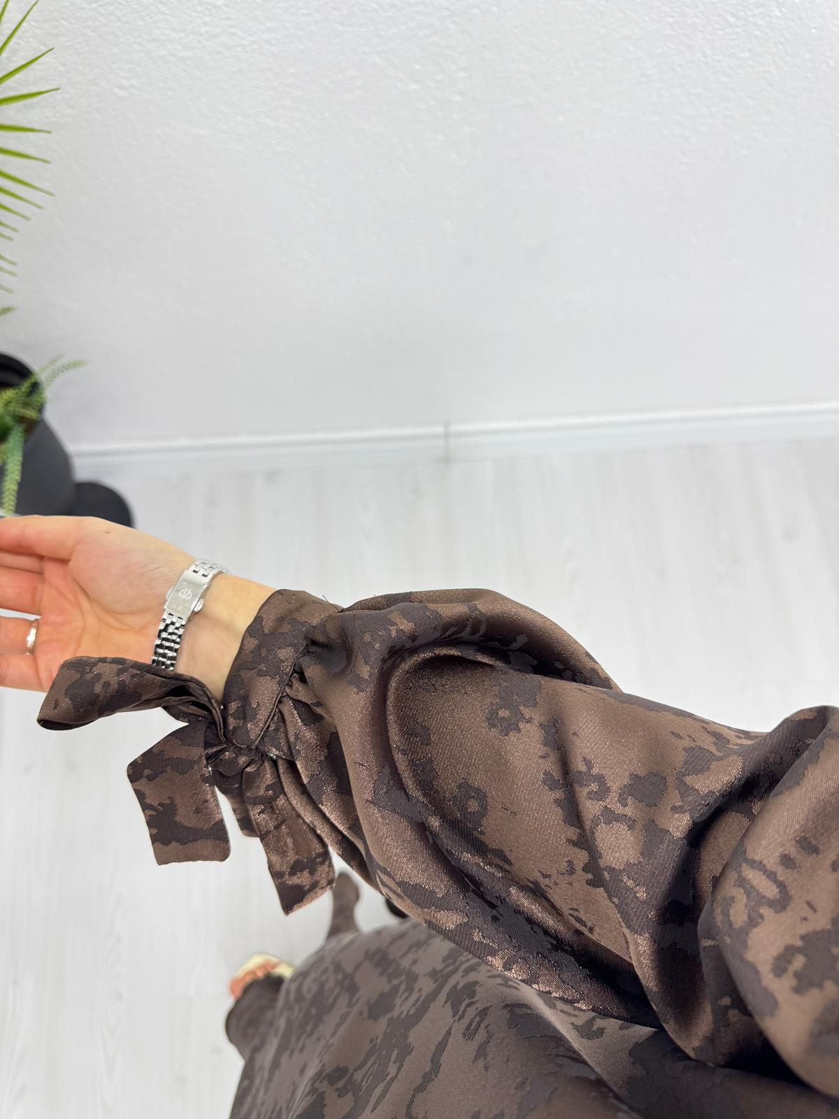 Qx8755-Batik Desen Jakar Elbise-Kahverengi
