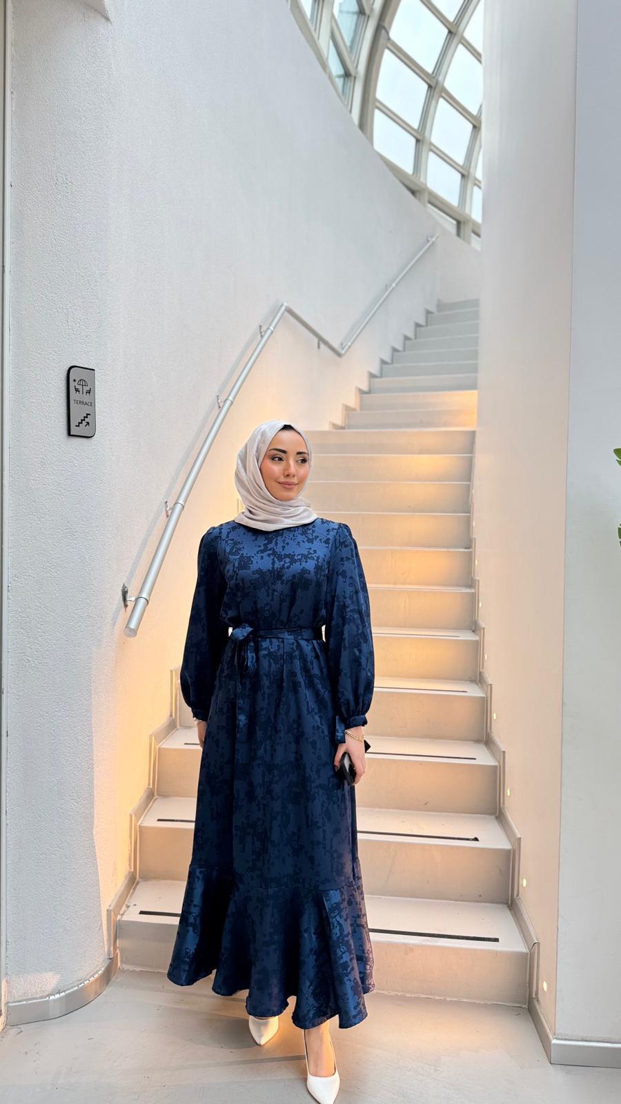 Qx8755-Batik Desen Saten Elbise-Lacivert
