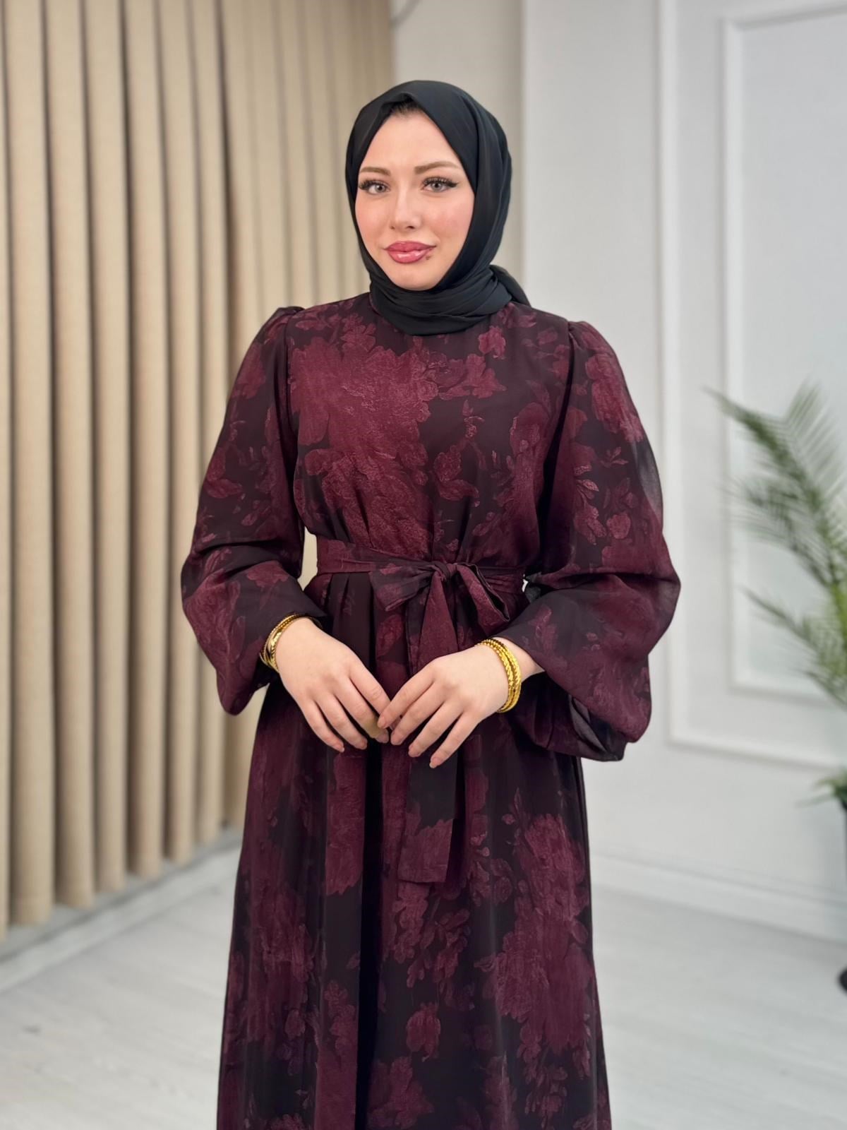 Rb2558-Desenli Şifon Elbise-Mürdüm