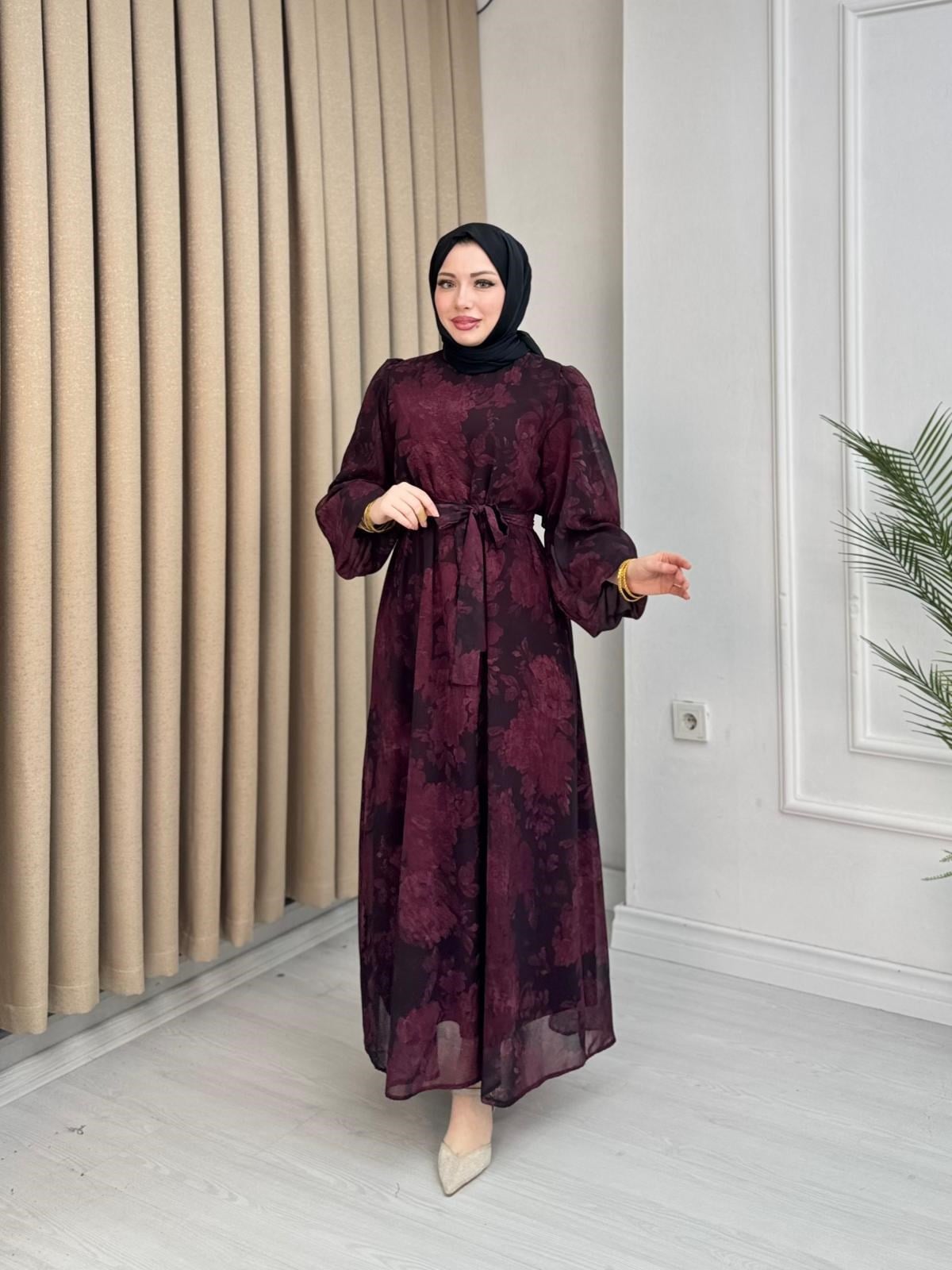 Rb2558-Desenli Şifon Elbise-Mürdüm