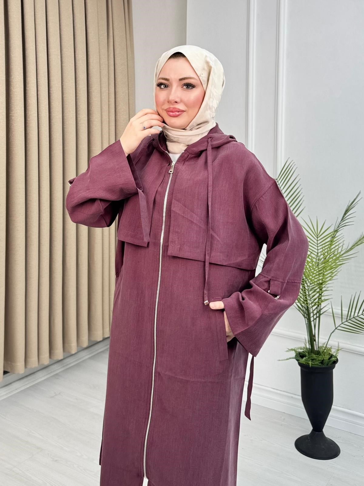 Rh3979-Pelerin Detaylı Kapüşonlu Uzun Kap-Mürdüm