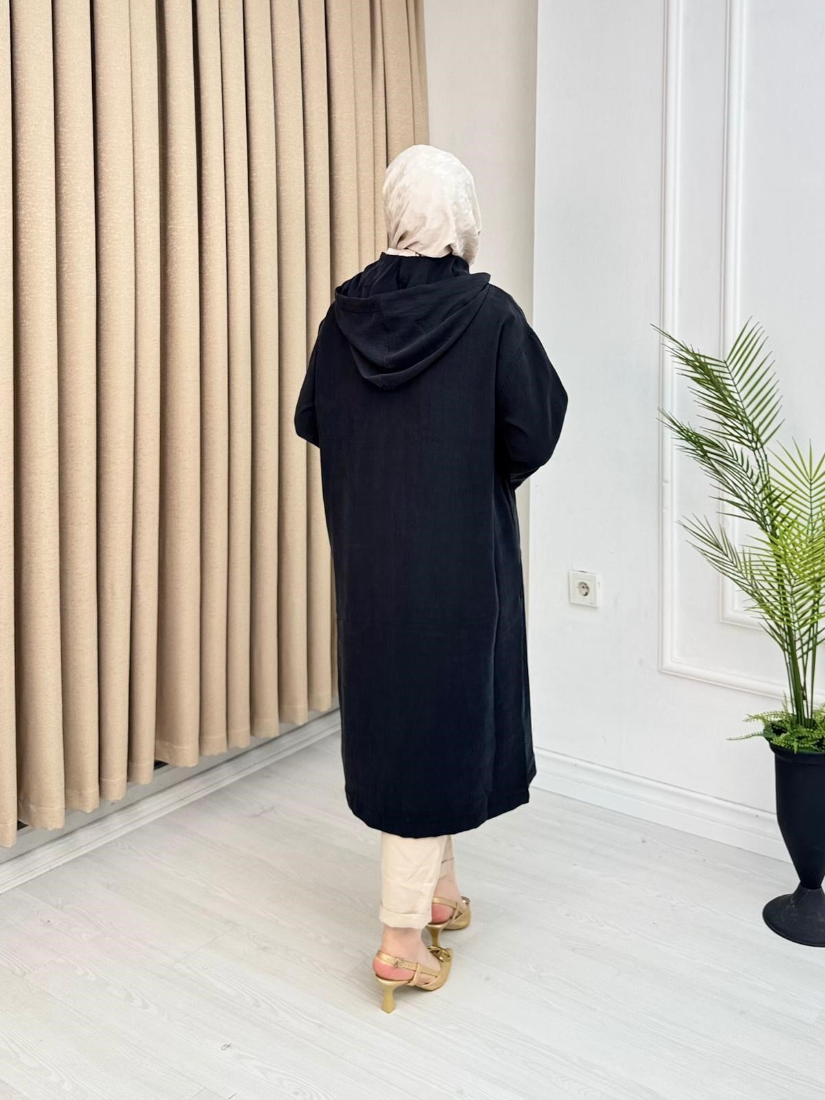 Rh3979-Pelerin Detaylı Kapüşonlu Uzun Kap-Siyah