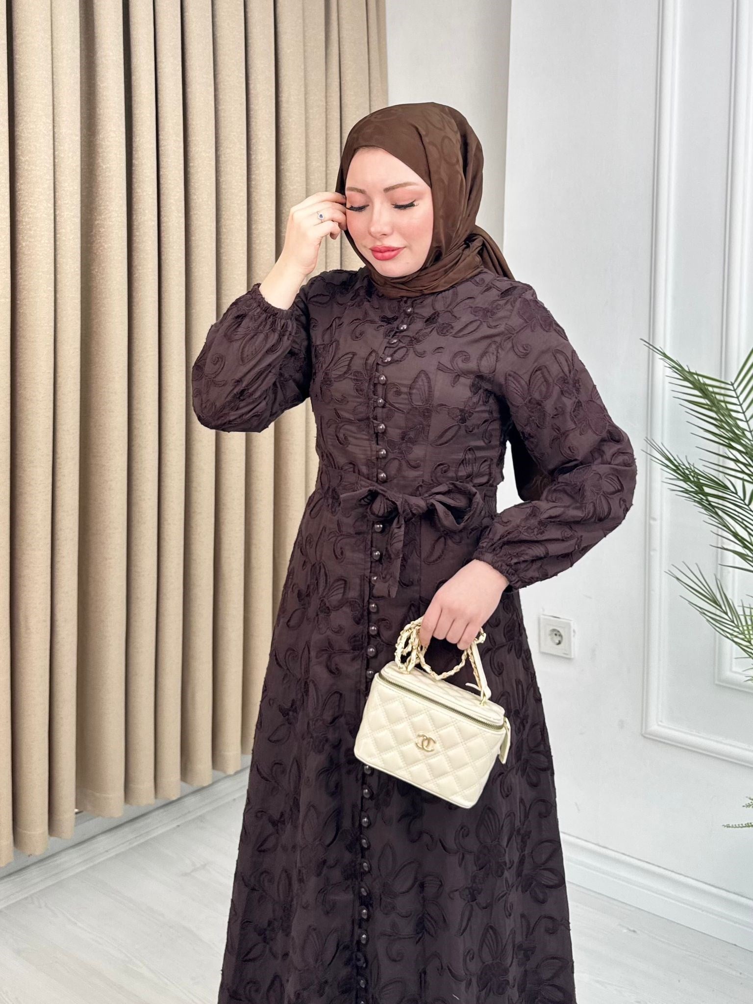 Rw5298-Flora İşlemeli Elbise-Koyu Kahverengi