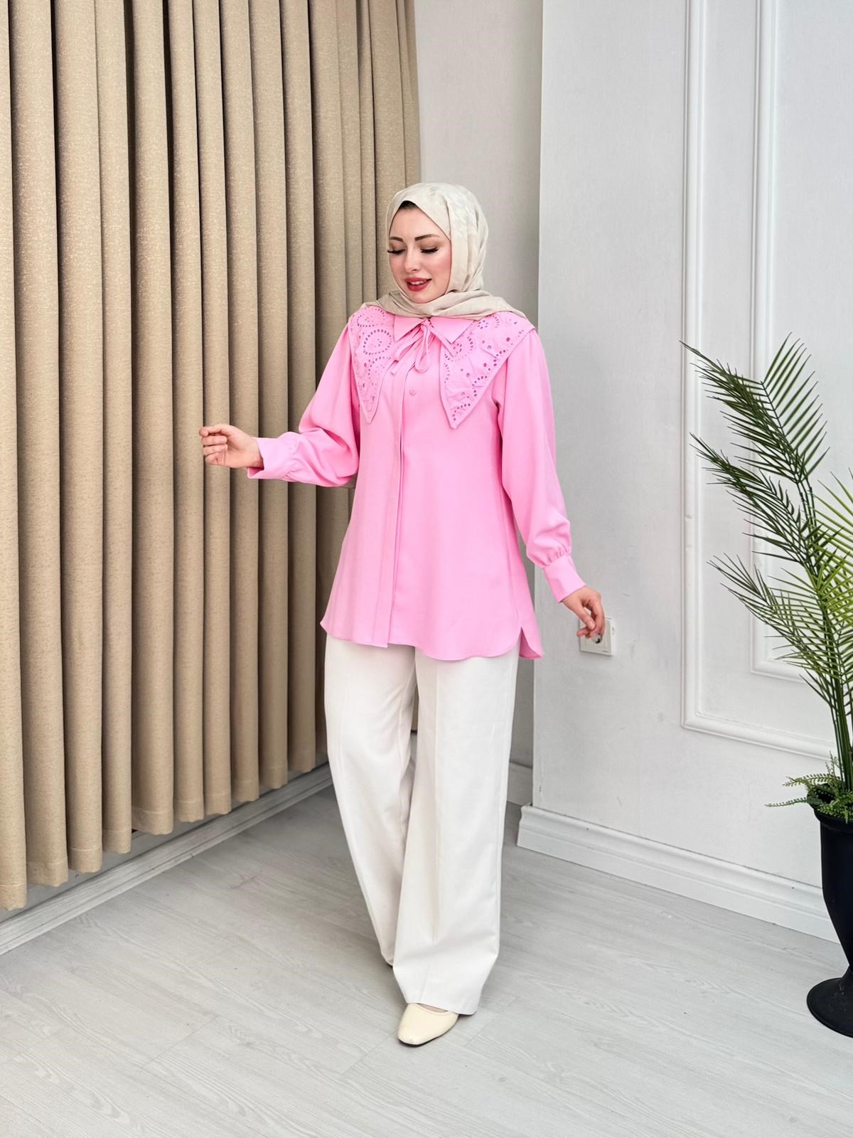 Tx2175-Brode Nakışlı Geniş Yakalı Gömlek-Pembe