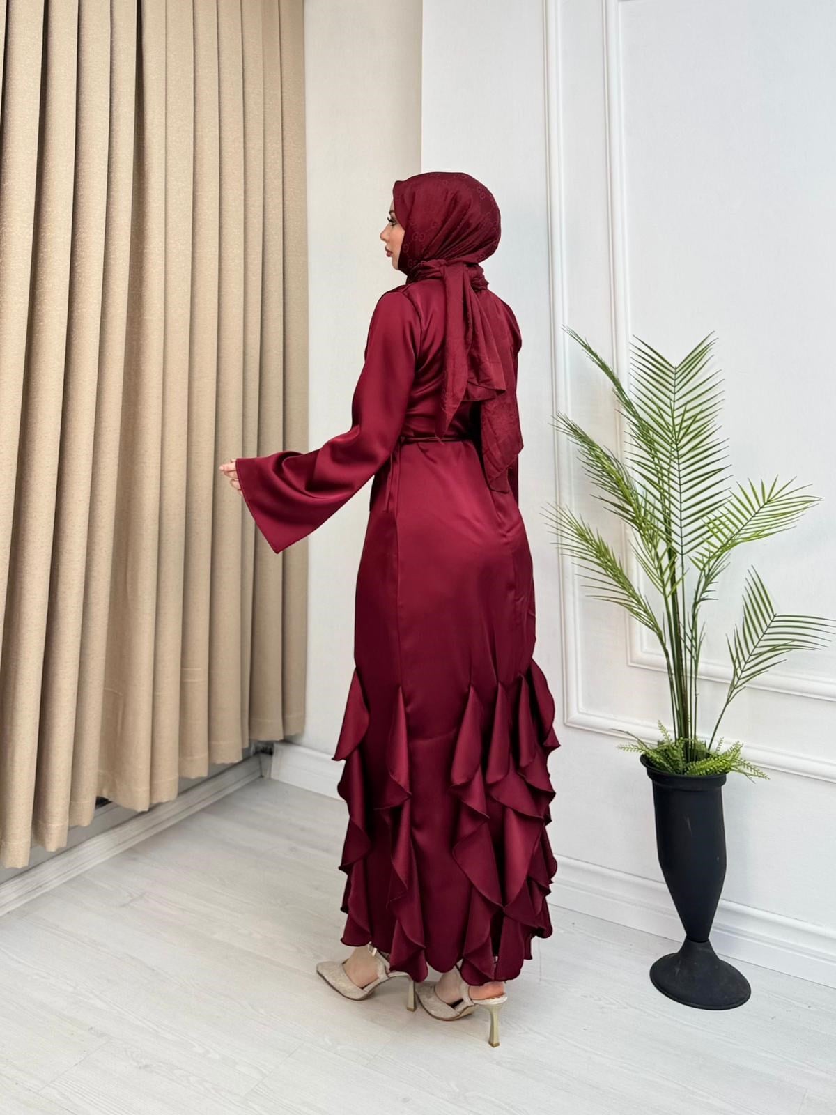 Wb2353-Etek Ucu Fırfırlı Saten Elbise-Bordo