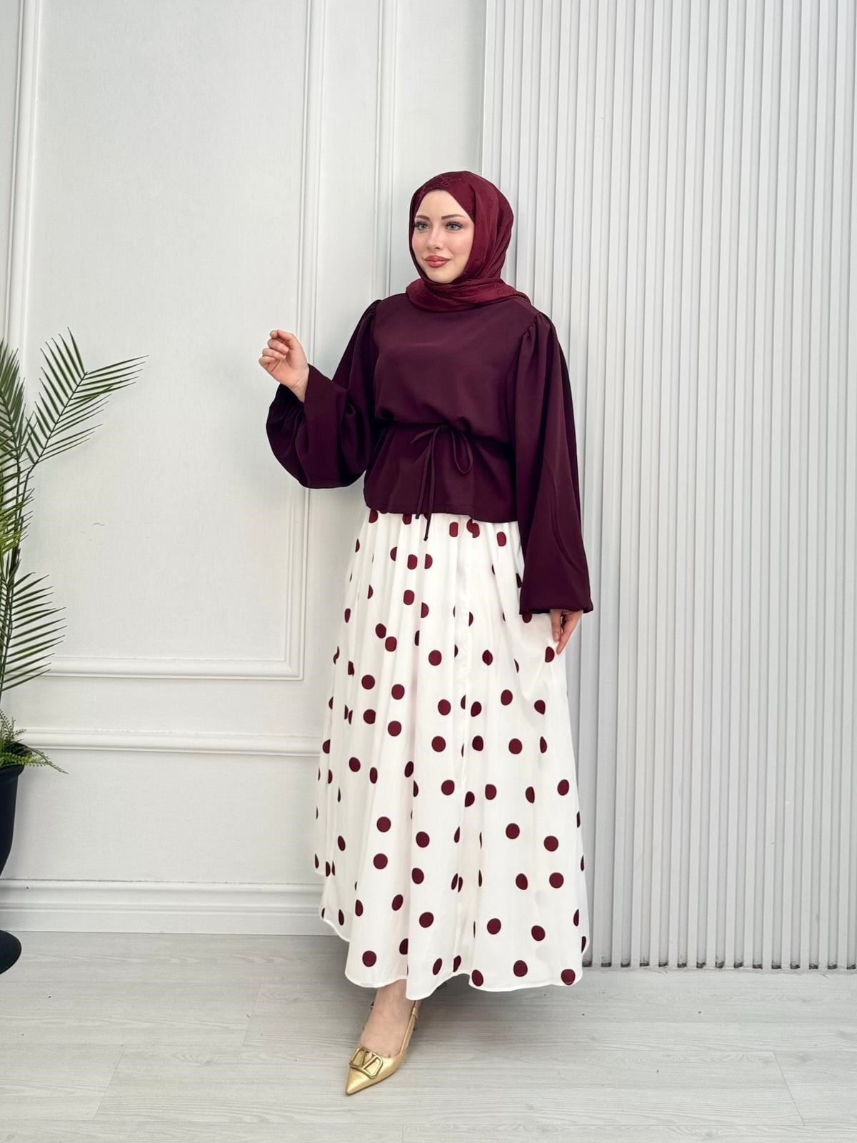 Wb4464-Puantiye Etek Takım-Bordo