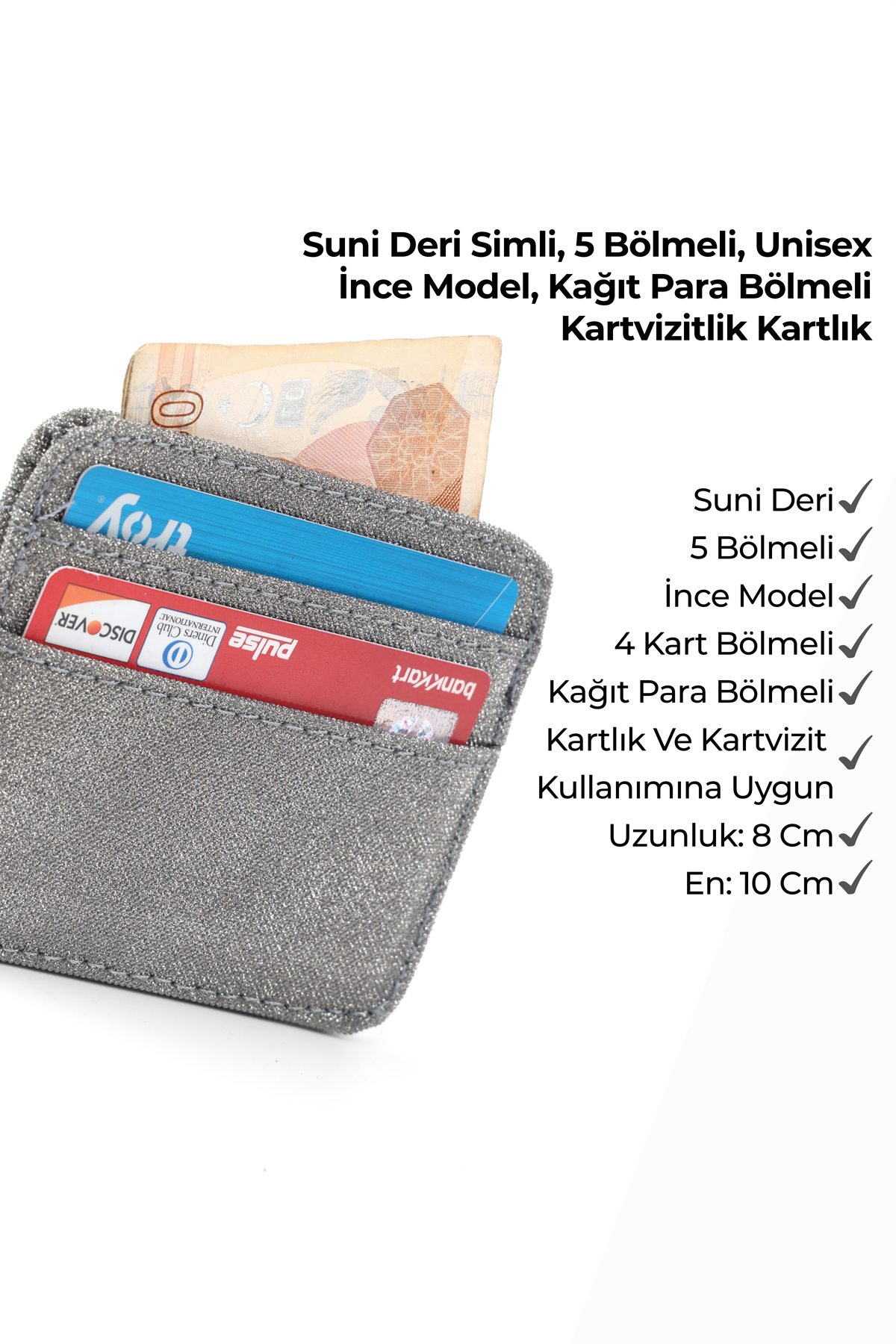 Antrasit Shk304 Simli Suni Deri ,5 Bölmeli İnce Model,Kağıt Para,Kredi Kartı Ve Kartvizitlik Kartlık
