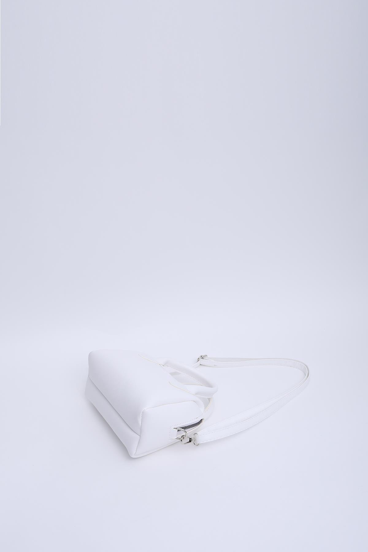 Beyaz Shk184 Suni Deri Tek Bölmeli Fermuarlı Ayarlanabilir Askılı El, Kol ve Omuz Çantası E:20 U:12 G:10 cm