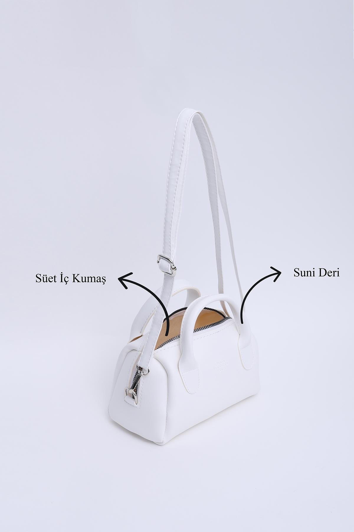 Beyaz Shk184 Suni Deri Tek Bölmeli Fermuarlı Ayarlanabilir Askılı El, Kol ve Omuz Çantası E:20 U:12 G:10 cm