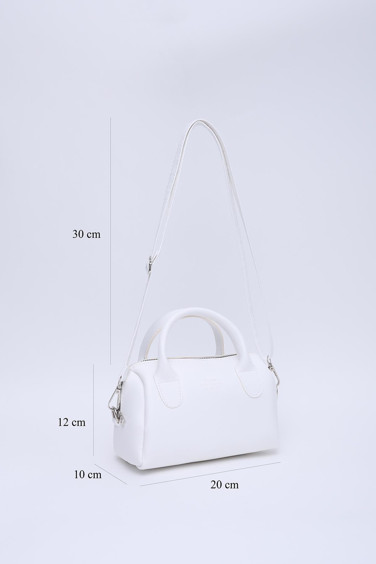 Beyaz Shk184 Suni Deri Tek Bölmeli Fermuarlı Ayarlanabilir Askılı El, Kol ve Omuz Çantası E:20 U:12 G:10 cm