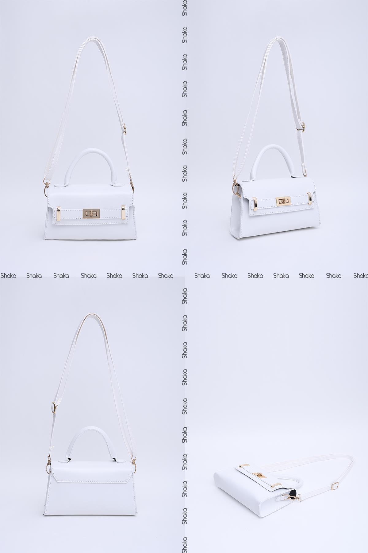 Beyaz Shk188 Suni Deri Tek Bölmeli Kilit Detaylı Askılı El, Kol Ve Omuz Çantası U:11 E:19 G:6 Cm
