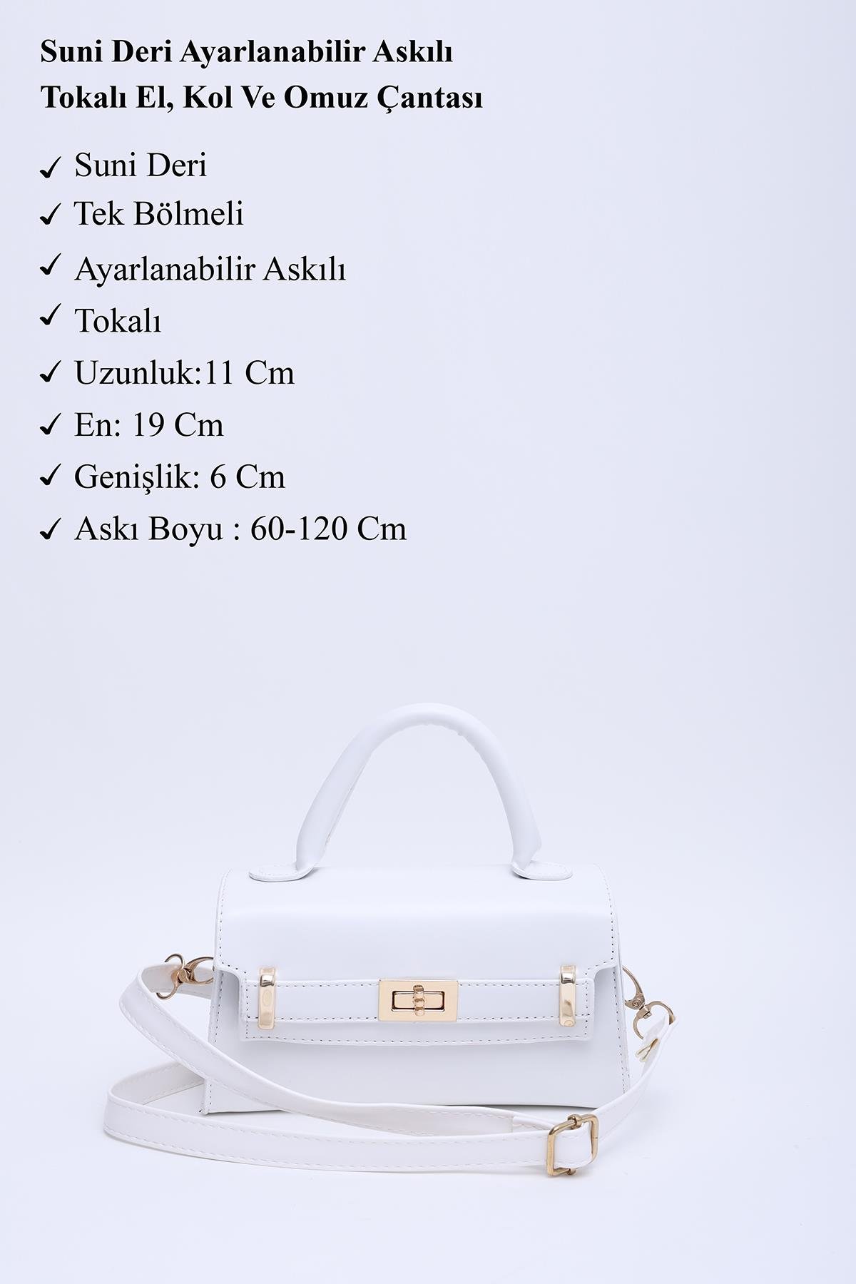 Beyaz Shk188 Suni Deri Tek Bölmeli Kilit Detaylı Askılı El, Kol Ve Omuz Çantası U:11 E:19 G:6 Cm