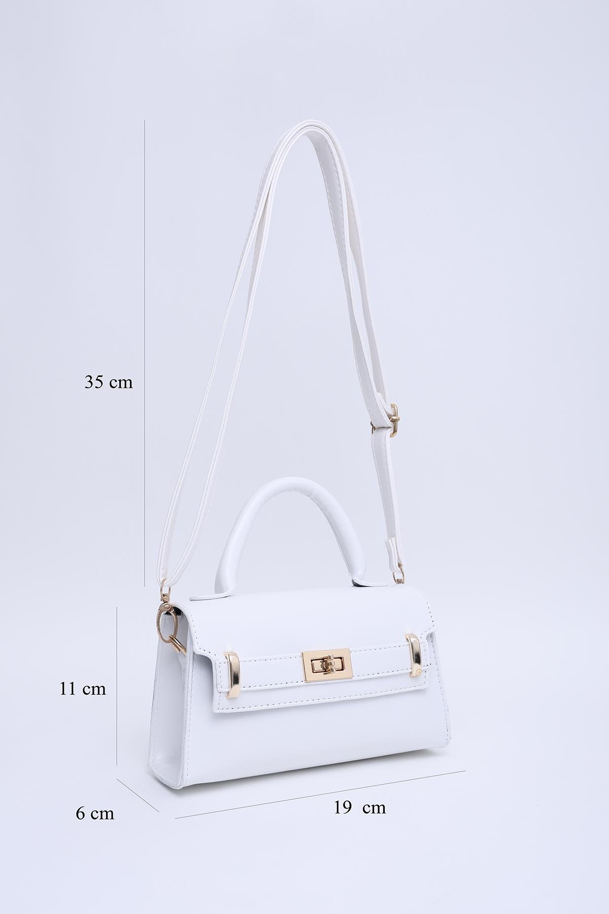 Beyaz Shk188 Suni Deri Tek Bölmeli Kilit Detaylı Askılı El, Kol Ve Omuz Çantası U:11 E:19 G:6 Cm