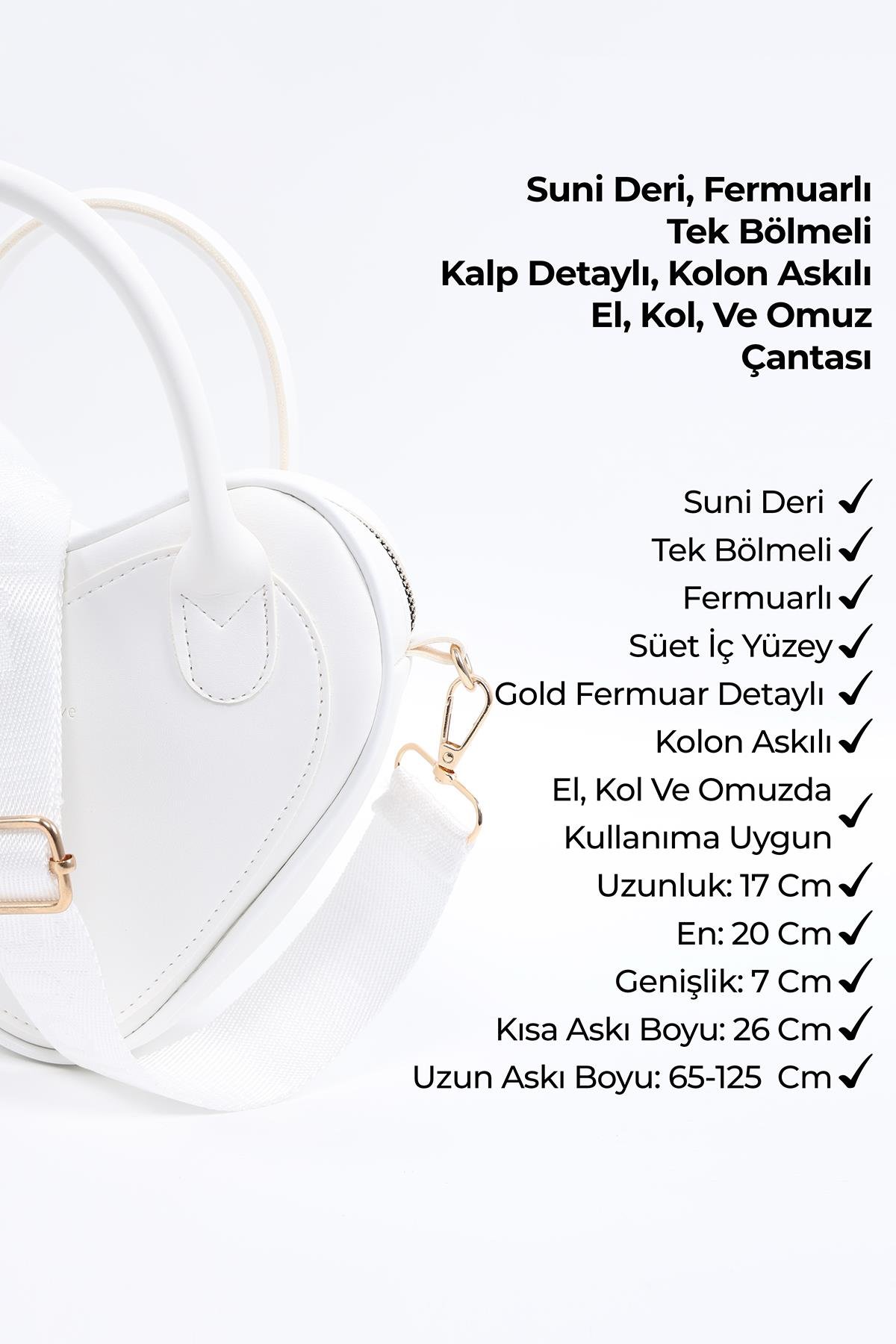 Beyaz Shk236 Suni Deri Fermuarlı Tek Bölmeli Kalp Model El, Kol Ve Omuz Çantası