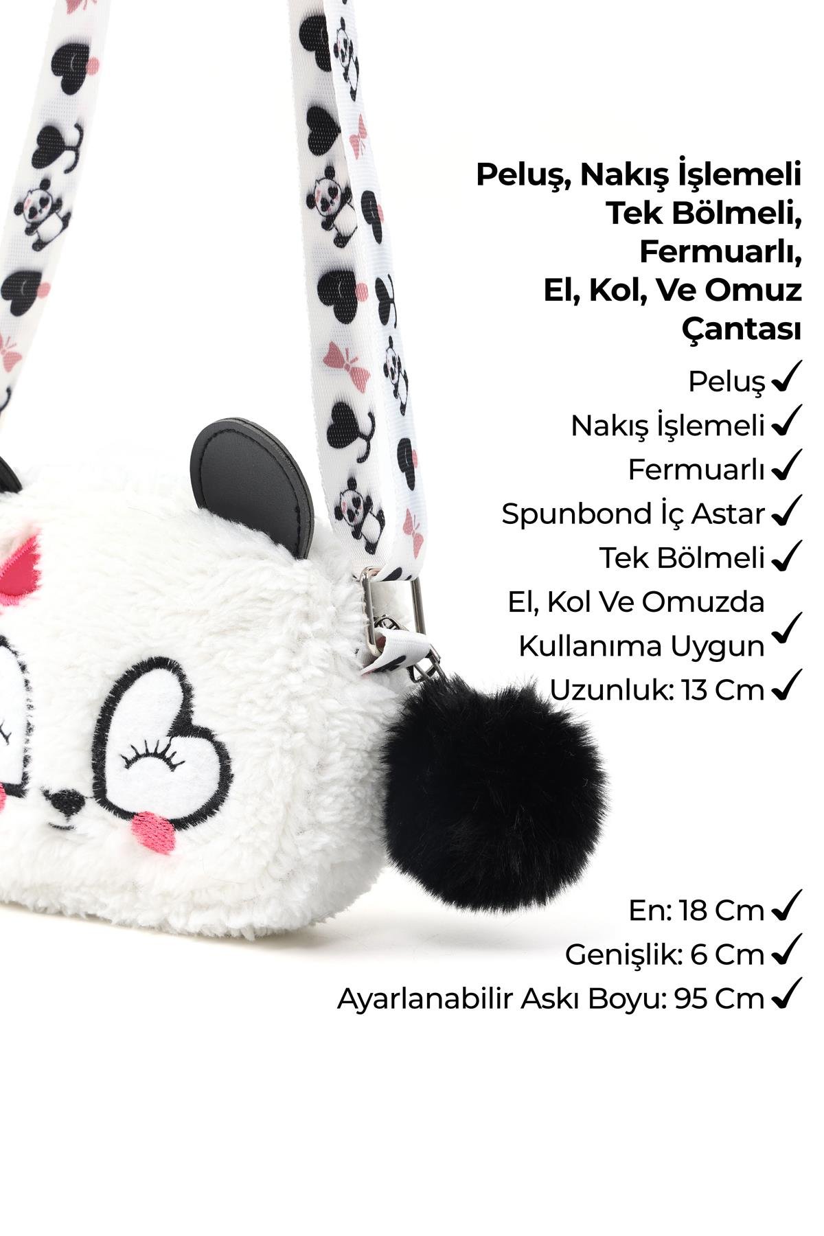 Beyaz Shk285 Peluş Kumaş ,Nakış İşlemeli, Fermuarlı Tek Bölmeli Kız Çocuk Çantası