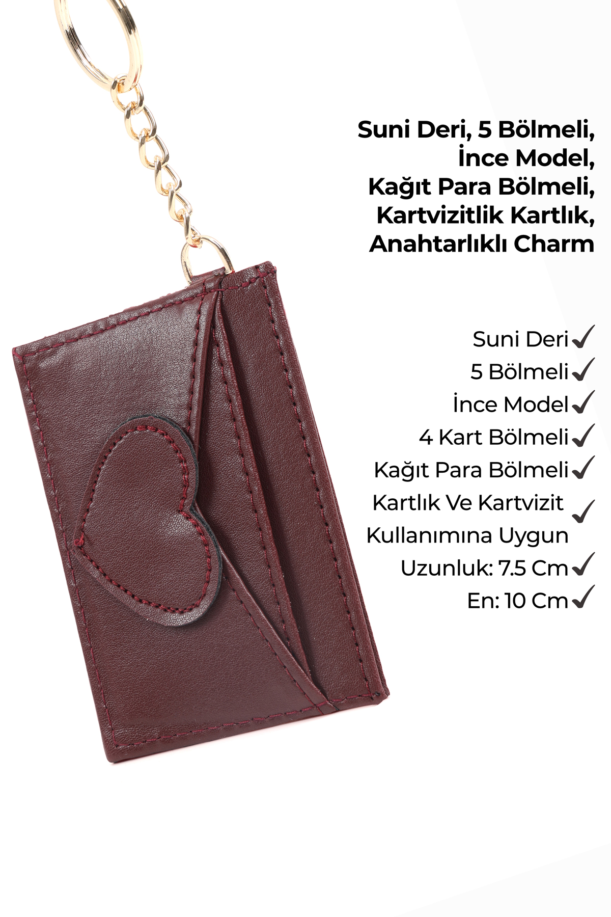 Bordo SHK134 Suni Deri,Beş Bölmeli,Kalp Figürlü Kartlık ve Çanta Charmı