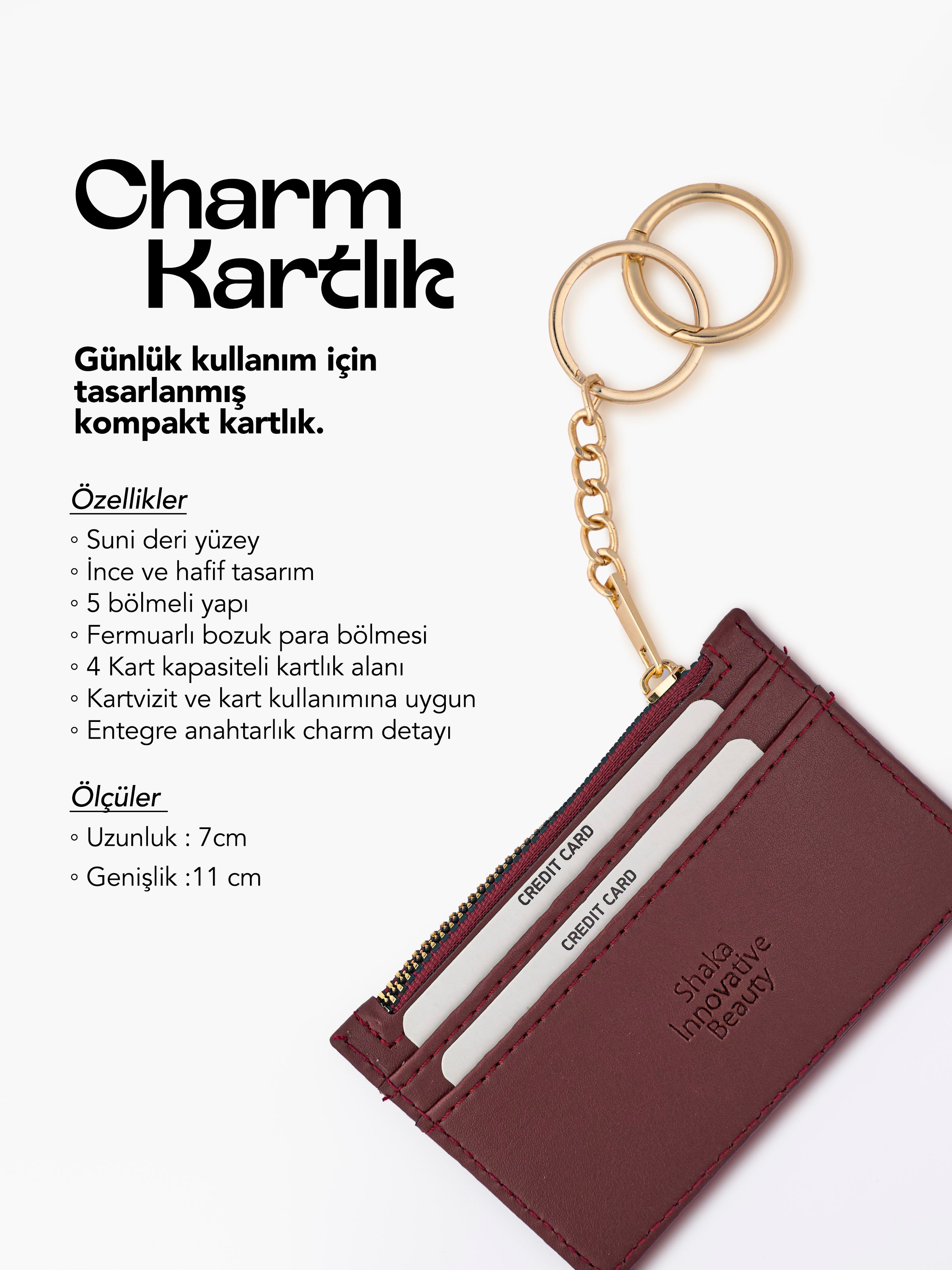 Bordo SHK136 Suni Deri,Fermuarlı,Beş Bölmeli Kartlık ve Çanta Charmı