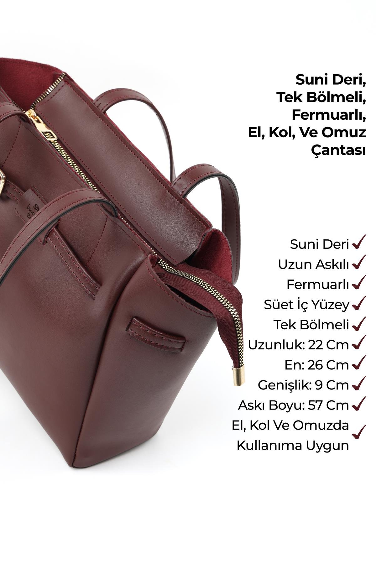 Bordo Shk265 Suni Deri ,Fermuarlı Tek Bölmeli, Kemer Detaylı El, Kol ve Omuz Çantası