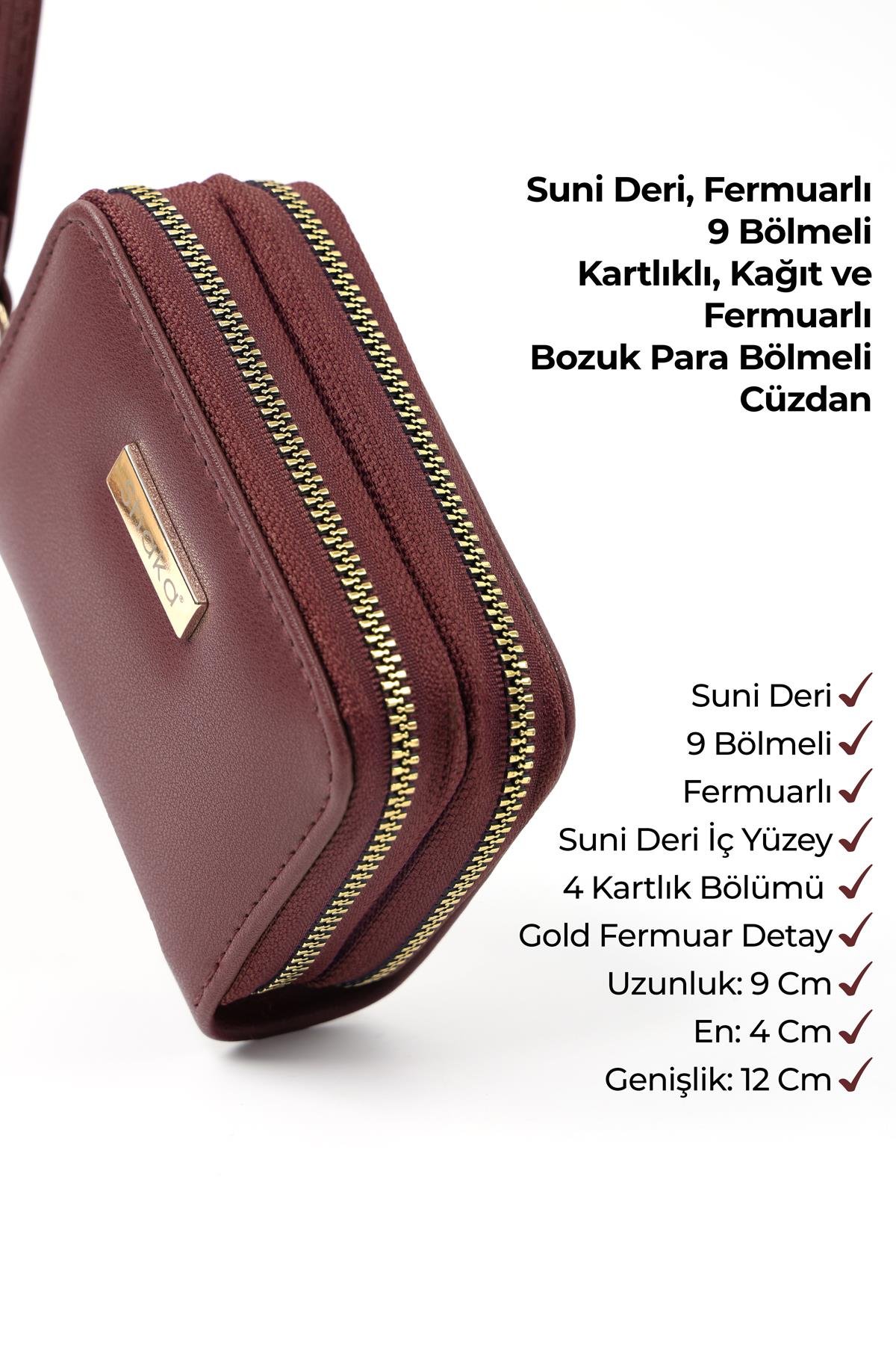 Bordo Shk266 Suni Deri 9 Bölmeli, Fermuarlı, Kartlık ve Bozuk Para Bölmeli Cüzdan