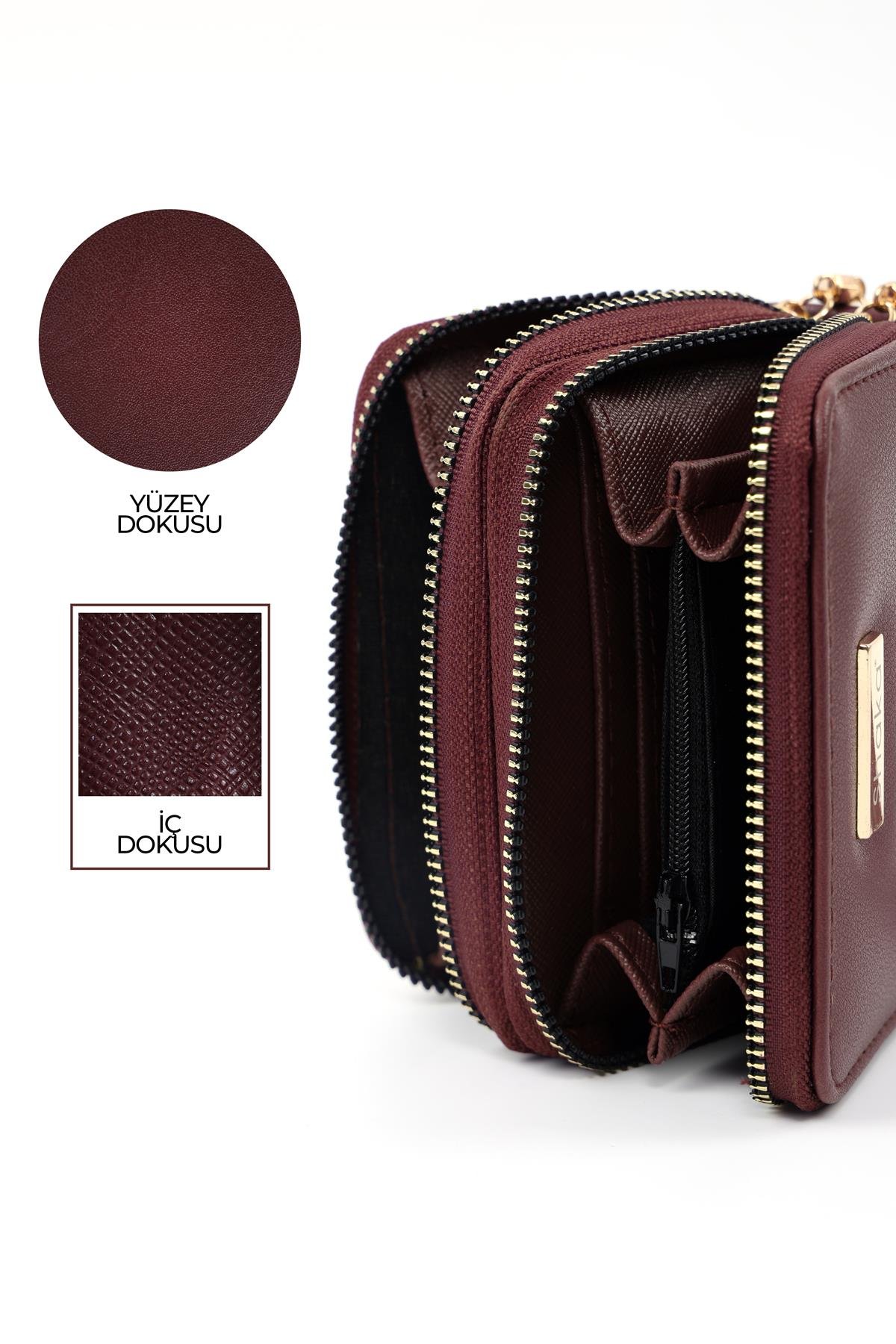 Bordo Shk266 Suni Deri 9 Bölmeli, Fermuarlı, Kartlık ve Bozuk Para Bölmeli Cüzdan
