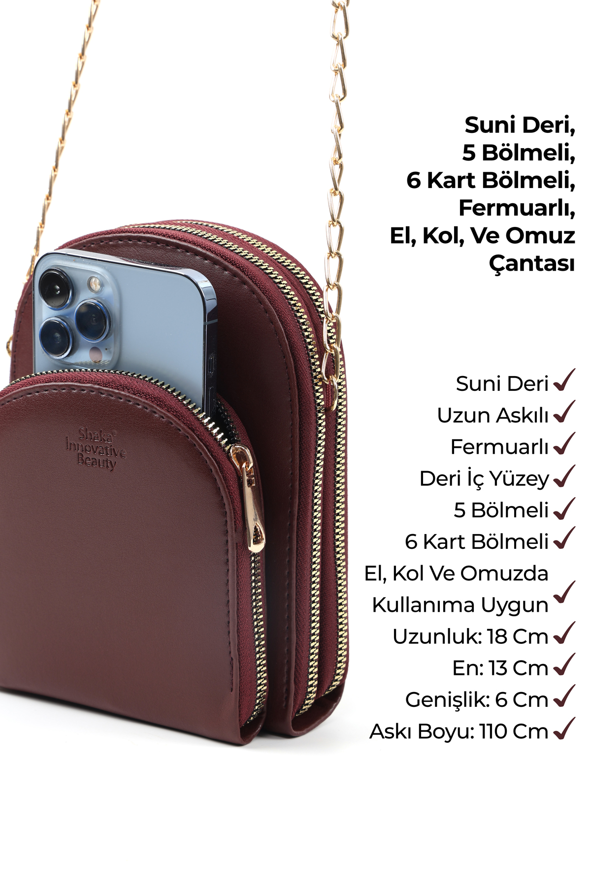 Bordo SHK267 Suni Deri 5 Bölmeli,Zincirli ,Telefonluk ve Omuz Çantası