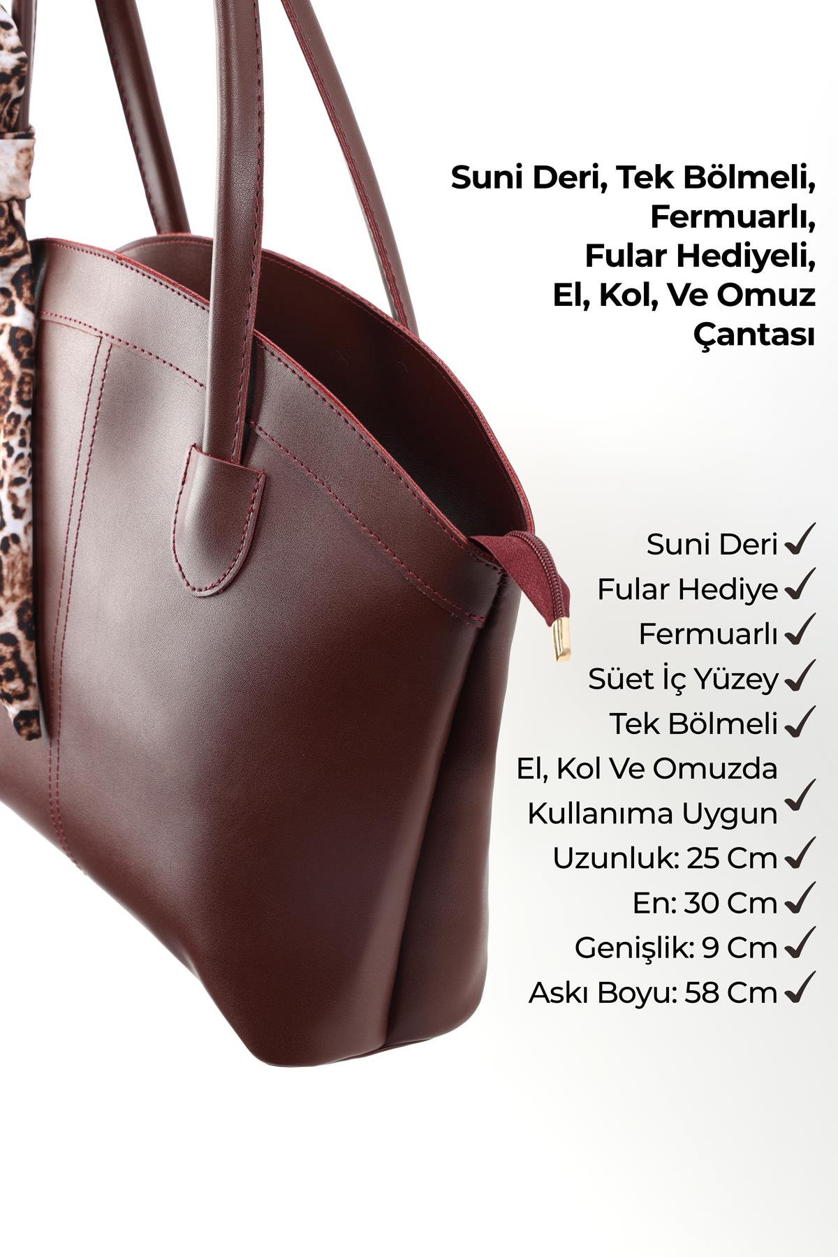 Bordo SHK274 Suni Deri Fermuarlı Tek Bölmeli Fular Hediyeli El,Kol ve Omuz Çantası