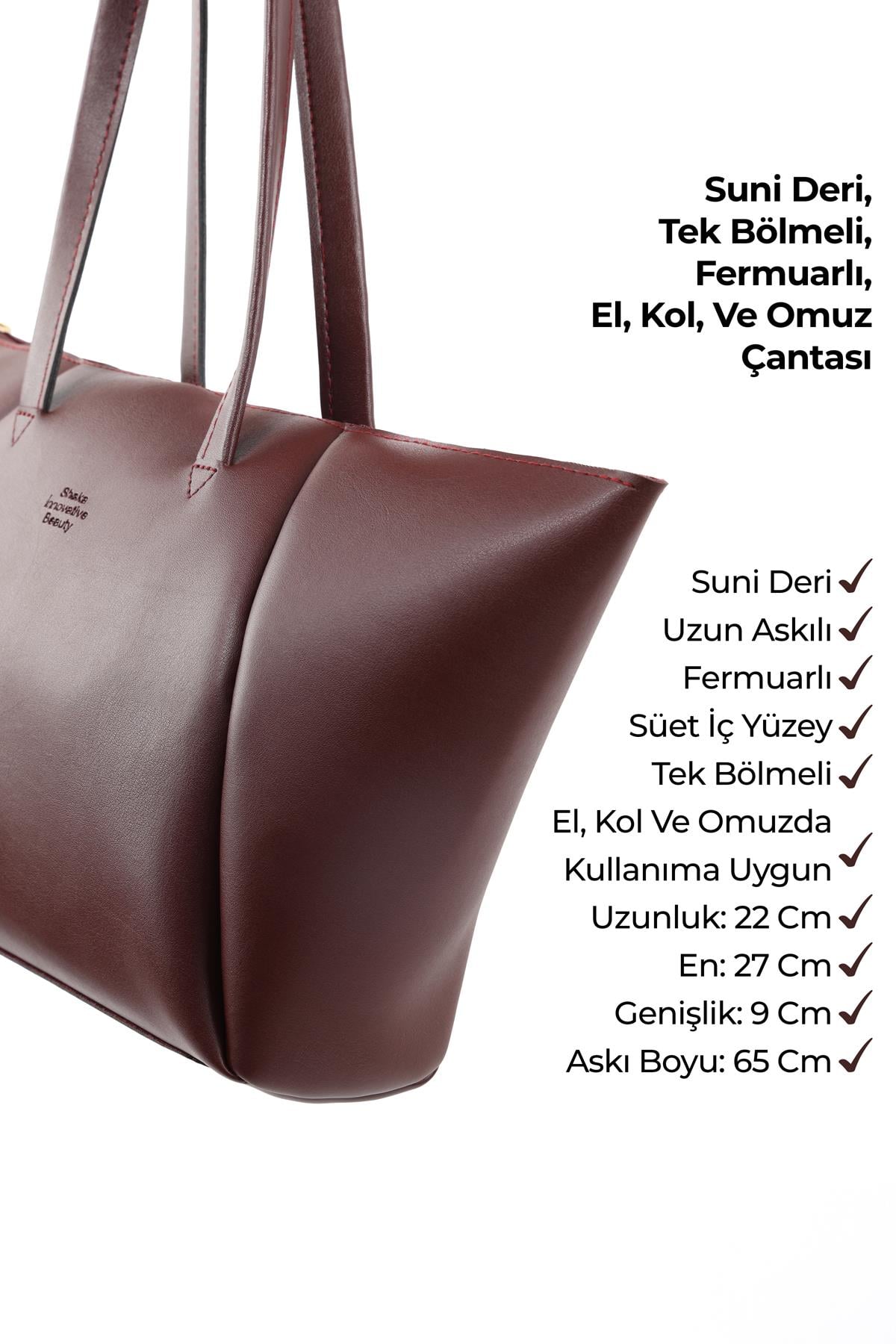 Bordo SHK277 Suni Deri Tek Bölmeli Fermuarlı El, Kol ve Omuz Çantası